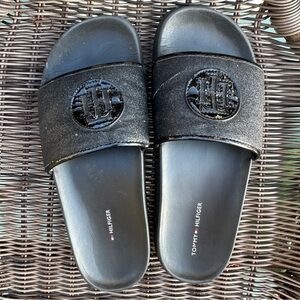Tommy Hilfiger Black Glitter Logo Slide Sandals Size 8